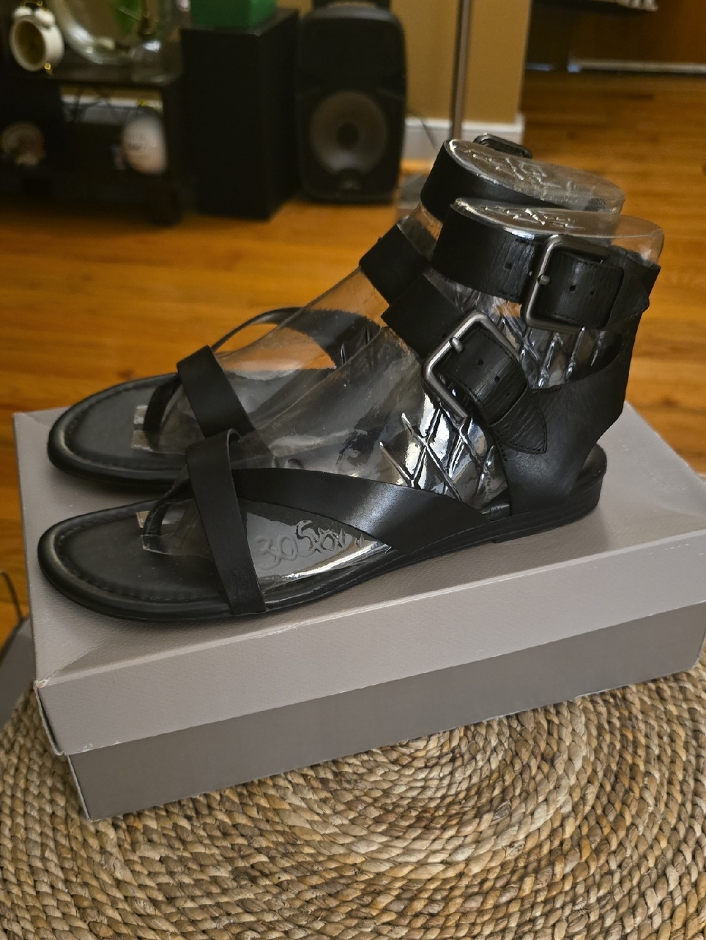Franco Sarto Black Strappy Buckle Gladiator Sandals